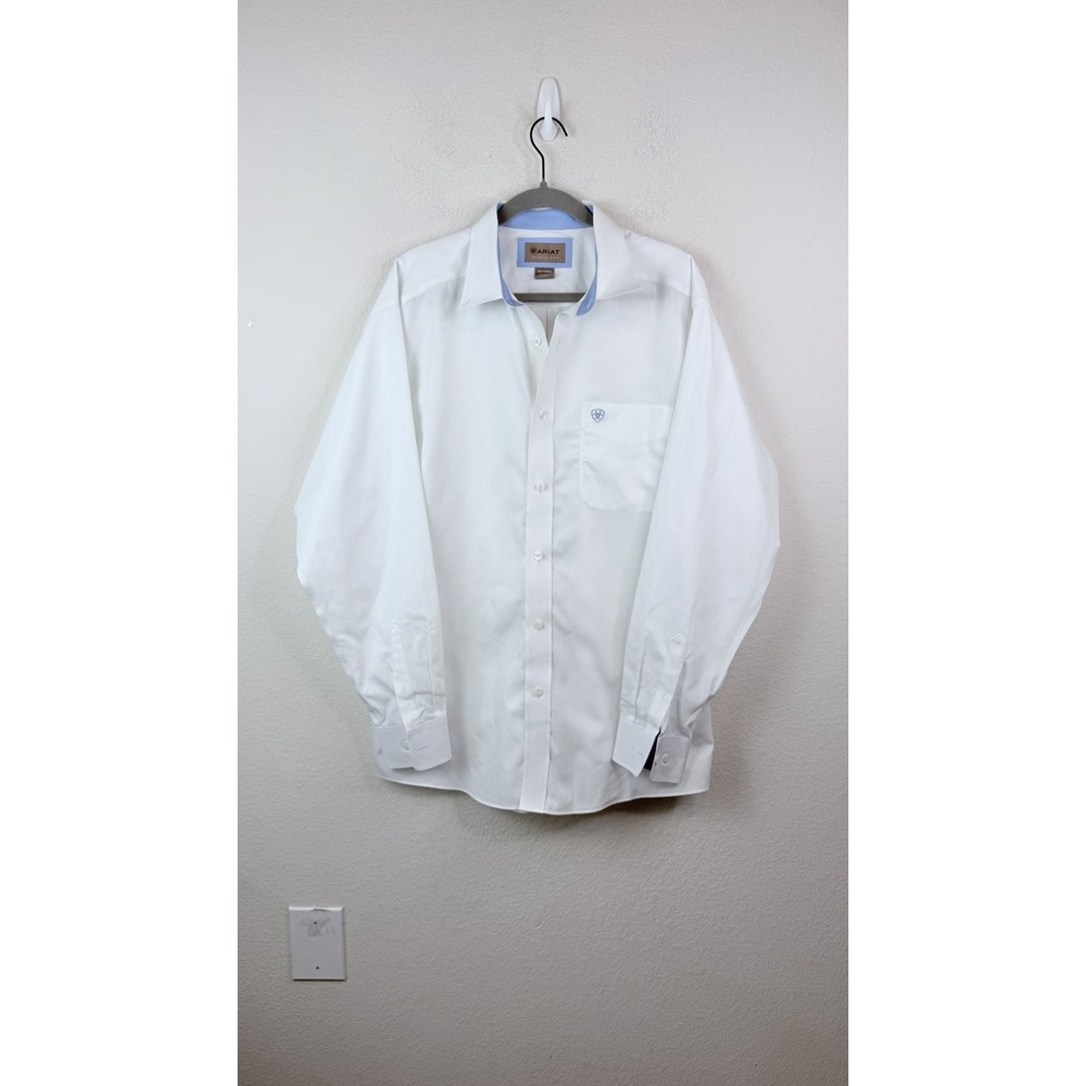 Ariat Wrinkle Free Shirt Men's L White Blue Western Button Down Cotton Cowboy
